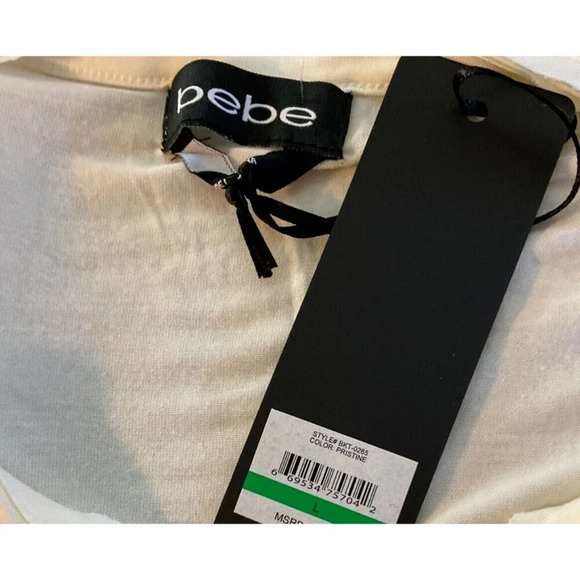 Bebe L Cream Metallic Studded Animal Print Design Logo-V-Neck Short Sleeve Top - Picture 6 of 6